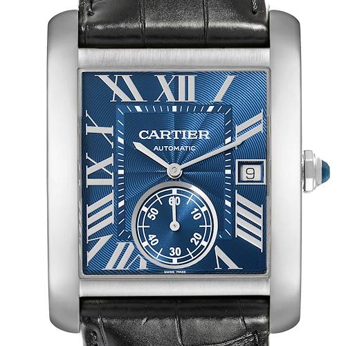 This Cartier Tank MC WSTA0010 Men's Stainless Steel Blue Dial WSTA0010 Men's Stainless Steel Blue Dial watch is shown from a front view, displaying its blue dial, Roman numerals, date window, and leather strap.