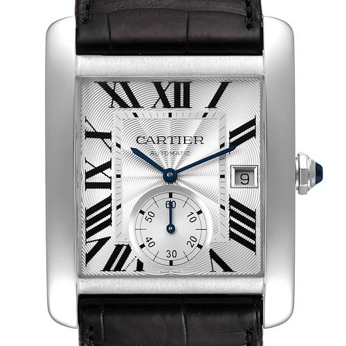 The image shows a front view of the Cartier Tank MC W5330003 Men's Stainless Steel Silver Dial W5330003 Men's Stainless Steel Silver Dial watch, displaying its face, dial, and part of the strap.