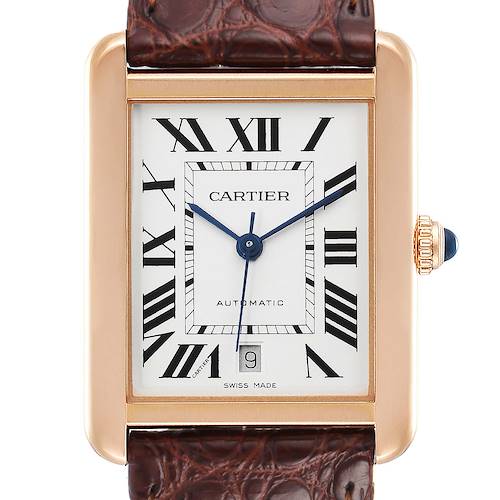 This straight-on view of the Cartier Tank Solo W5200026 Men's Rose Gold Silver Dial W5200026 Men's Rose Gold Silver Dial watch shows the face, Roman numerals, hands, date window, and part of the strap.