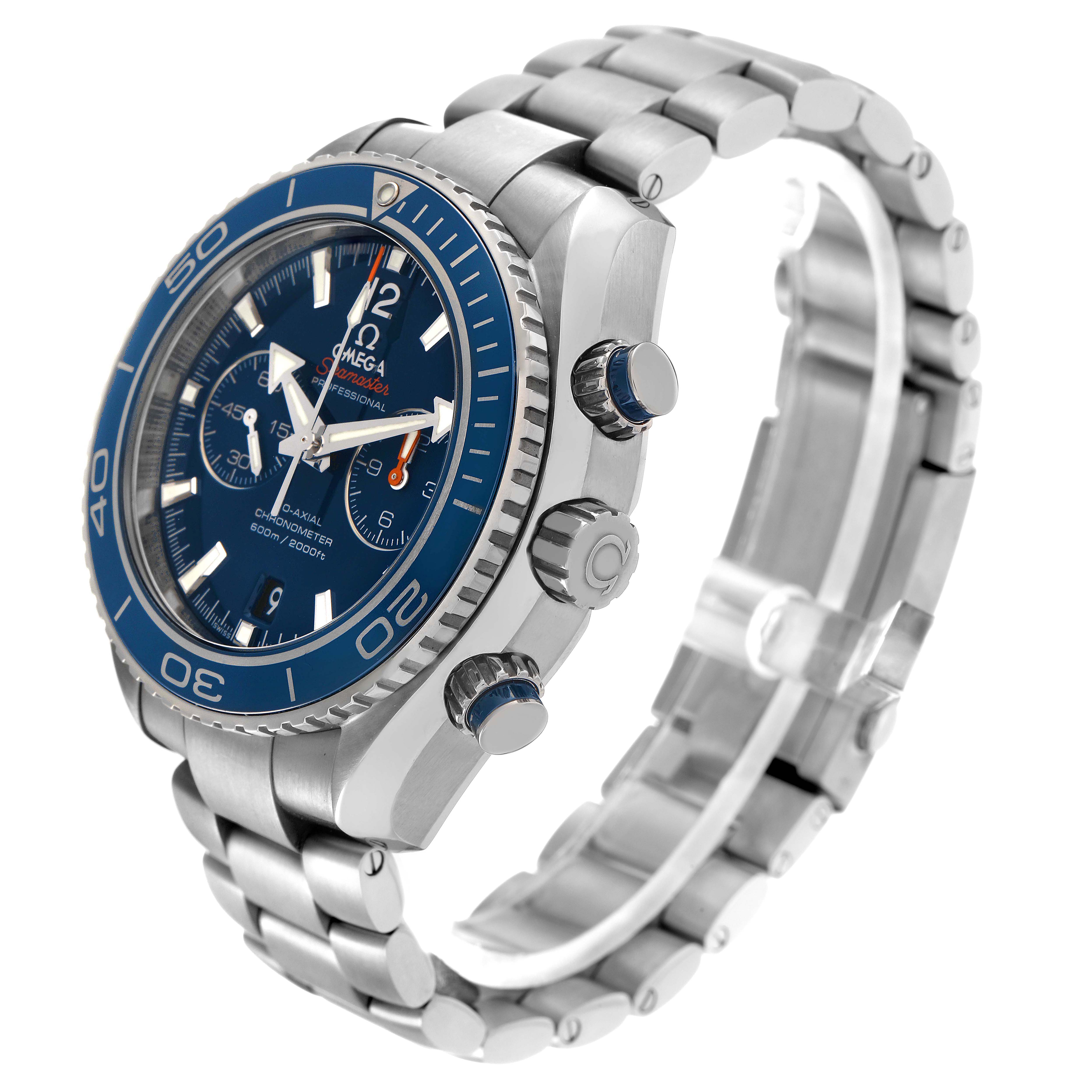 The image shows the Omega Planet Ocean model 232.90.46.51.03.001 from a side angle, highlighting the blue bezel, crown, chronograph pushers, and metal bracelet.