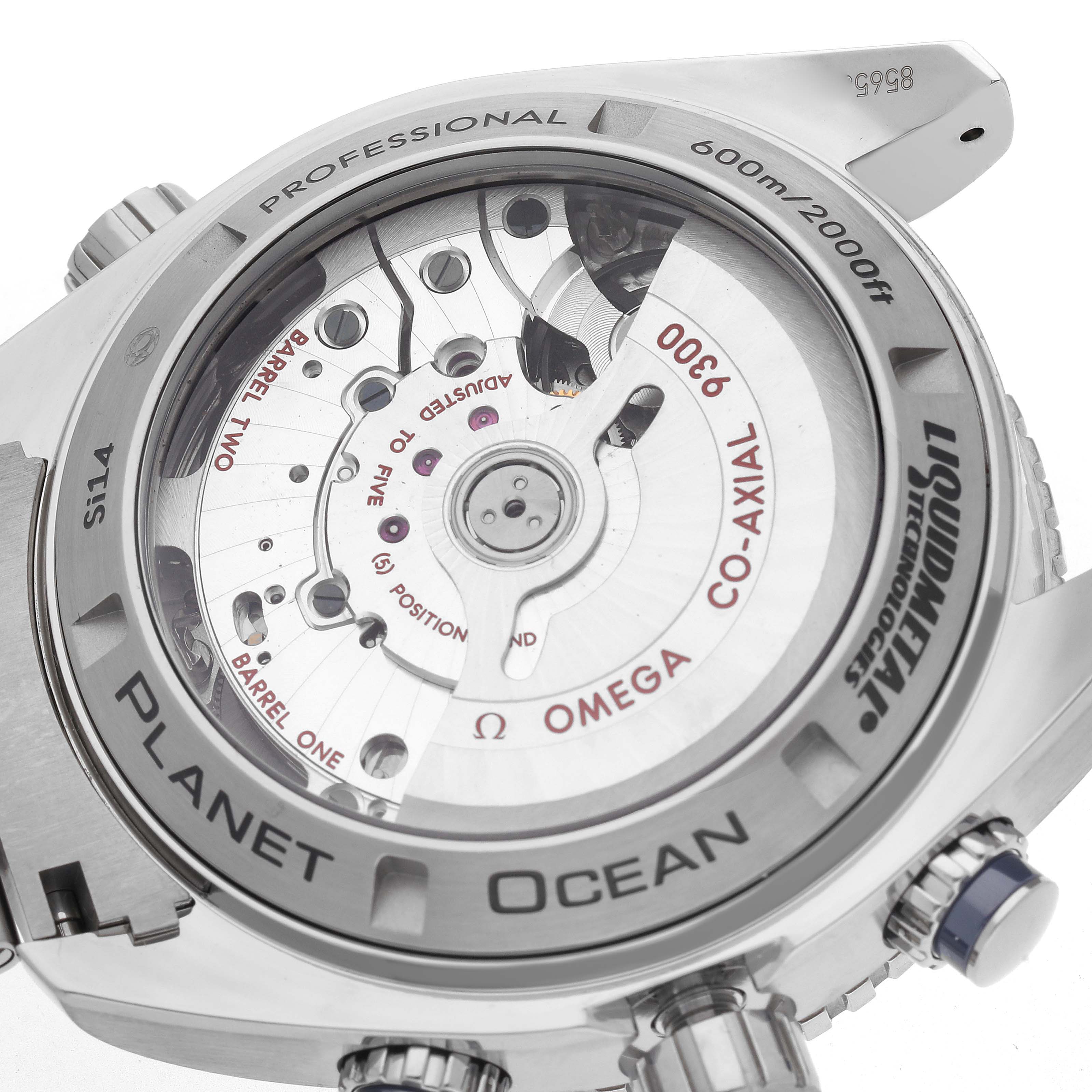 The image shows the back view of the Omega Planet Ocean watch model 232.90.46.51.03.001, highlighting its Co-Axial movement and Liquidmetal technology.
