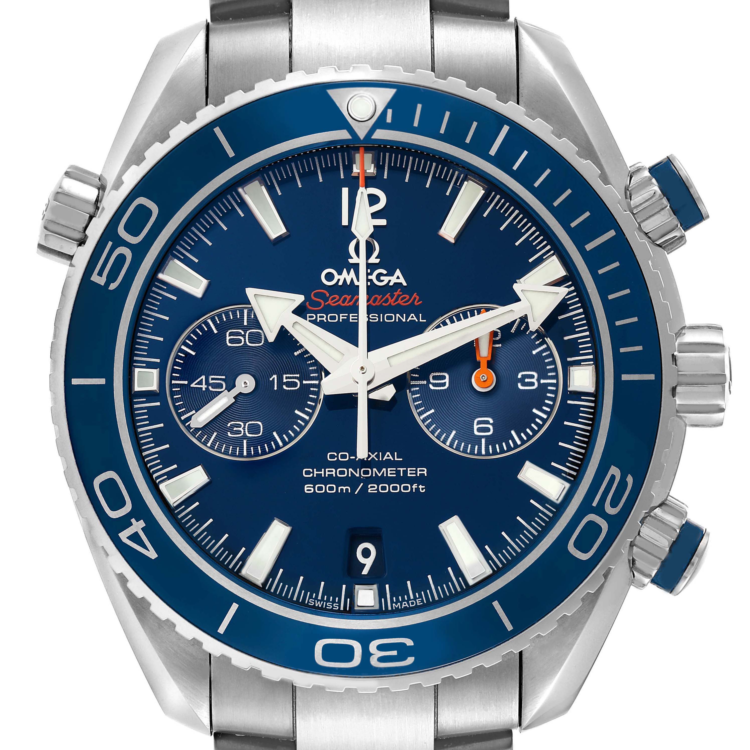 The image shows a frontal view of the Omega Planet Ocean model 232.90.46.51.03.001 men's watch, highlighting its blue dial, bezel, and twin sub-dials.