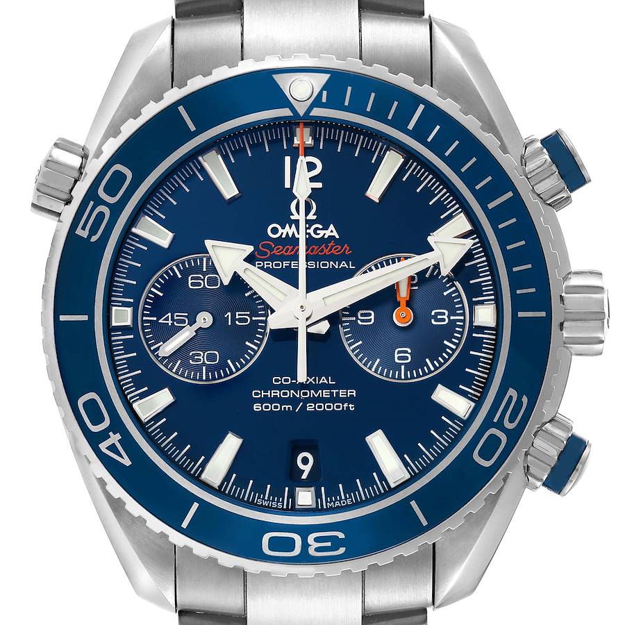 The image shows a frontal view of the Omega Planet Ocean model 232.90.46.51.03.001 men's watch, highlighting its blue dial, bezel, and twin sub-dials.