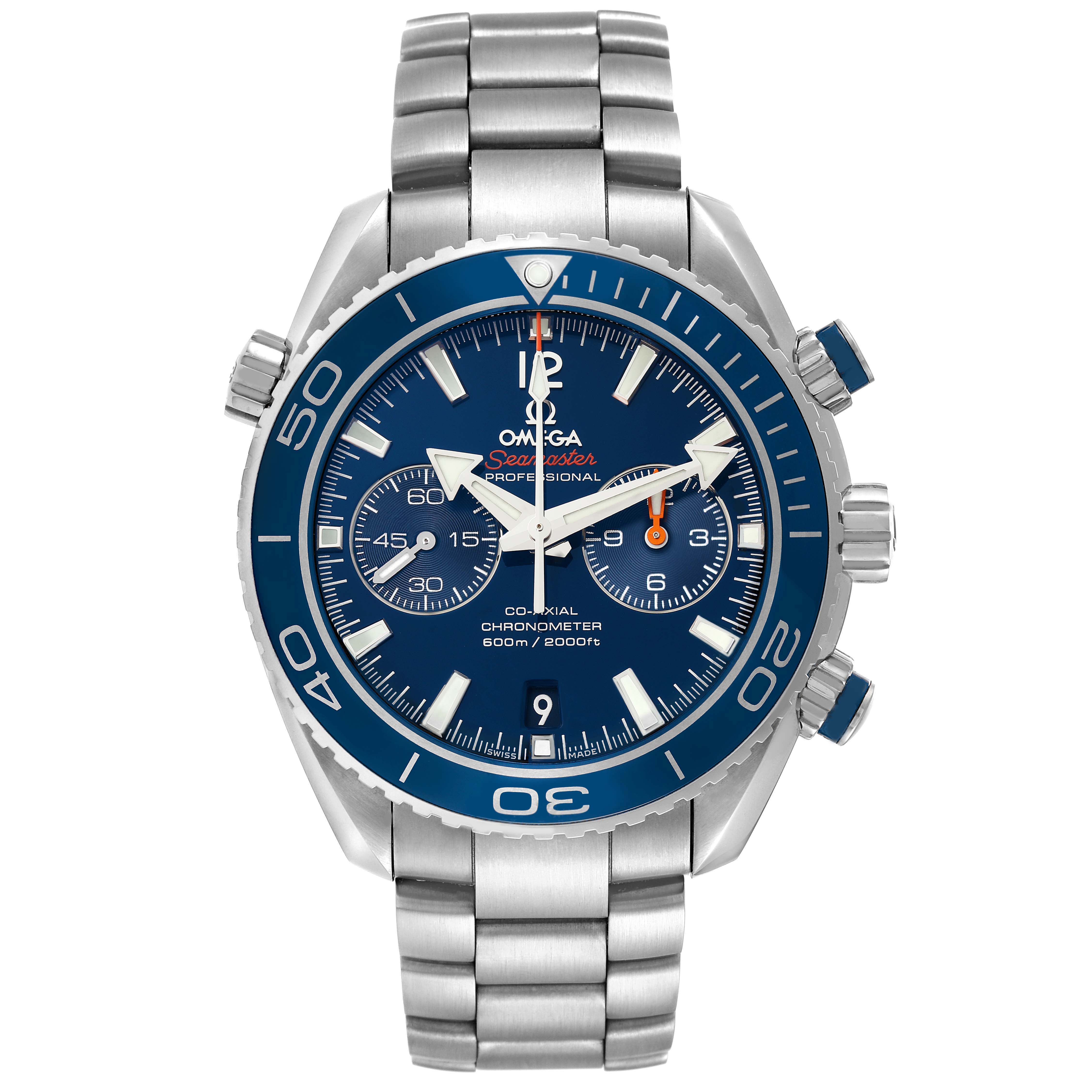 The image shows a front view of an Omega Planet Ocean model 232.90.46.51.03.001 men's watch, highlighting the face, bezel, and bracelet.