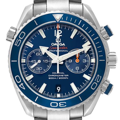 The image shows a front view of the Omega Planet Ocean, model 232.90.46.51.03.001, highlighting the blue dial, subdials, markers, and bezel.