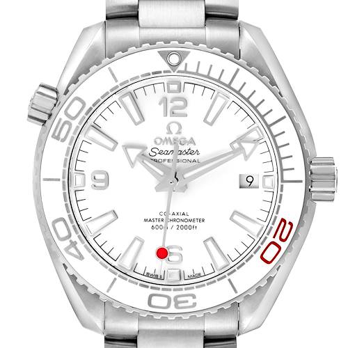 The image shows an Omega Planet Ocean model (522.33.40.20.04.001) from a front angle, highlighting the face, bezel, hands, crown, and partial bracelet.