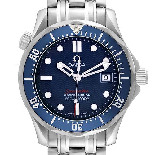 The Omega Seamaster model 2223.80.00 is shown from the front, featuring a blue dial, date display, and stainless steel bracelet.
