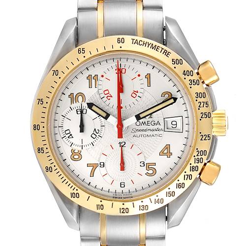 Front view of an Omega Speedmaster 3313.33.00 Men's Steel and Gold (two tone) White Dial 3313.33.00 Men's Steel and Gold (two tone) White Dial watch showing the face, bezel, and part of the metal strap.