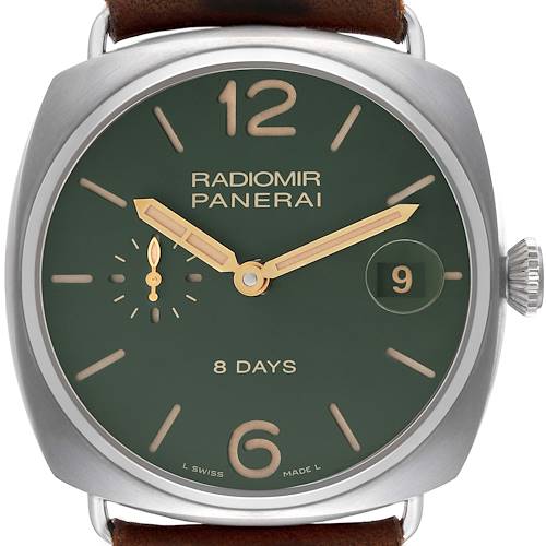 This image shows a front view of the Panerai Radiomir PAM00735 Men's Titanium Green Dial PAM00735 Men's Titanium Green Dial watch, highlighting the dial, hands, indices, date window, and crown.