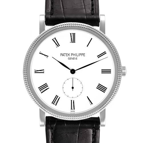 The Patek Philippe Calatrava 5119G Men's White Gold White Dial 5119G Men's White Gold White Dial watch is shown from a front angle, displaying the face, hands, and part of the leather strap.