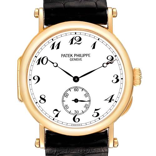This image shows a front view of the Patek Philippe Calatrava 3960J Men's Yellow Gold White Dial 3960J Men's Yellow Gold White Dial watch, highlighting its dial and leather strap.
