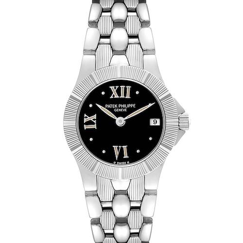 The image shows a frontal view of a Patek Philippe Neptune 4880/1A Women's Stainless Steel Black Dial 4880/1A Women's Stainless Steel Black Dial model watch, displaying the dial, bezel, bracelet, and date window.