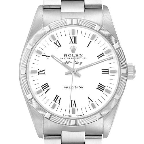 The Rolex Air-King model 14010 is shown from a frontal angle, highlighting the dial, bezel, and part of the bracelet.