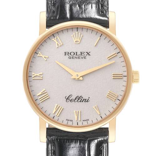 This image shows the front view of a Rolex Cellini 5115 Men's Yellow Gold Beige Dial 5115 Men's Yellow Gold Beige Dial watch, highlighting its dial, hands, case, and leather strap.