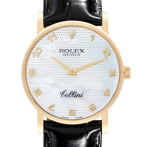 The image shows a front view of a Rolex Cellini 5115 Men's Yellow Gold Mother of Pearl Dial 5115 Men's Yellow Gold Mother of Pearl Dial watch with a black leather strap and gold-tone case.