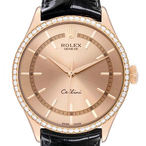 This image shows a front view of the Rolex Cellini 50705 Men's Rose Gold Pink Dial 50705 Men's Rose Gold Pink Dial watch, highlighting its face, diamond bezel, and crown on the right.