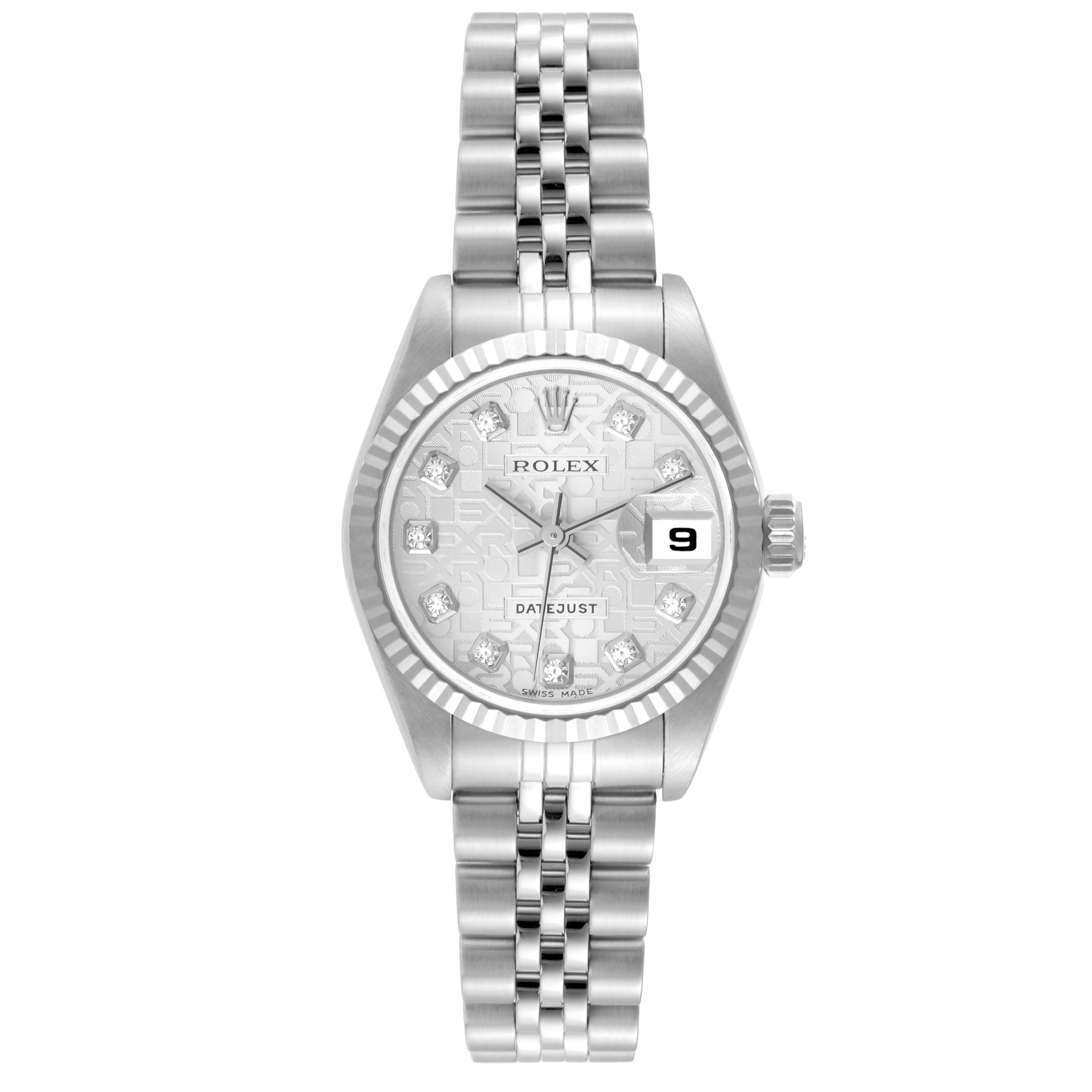 The image shows a front view of a Rolex Datejust 79174 Women's Stainless Steel Silver Dial 79174 Women's Stainless Steel Silver Dial watch, displaying the face, bezel, and bracelet.