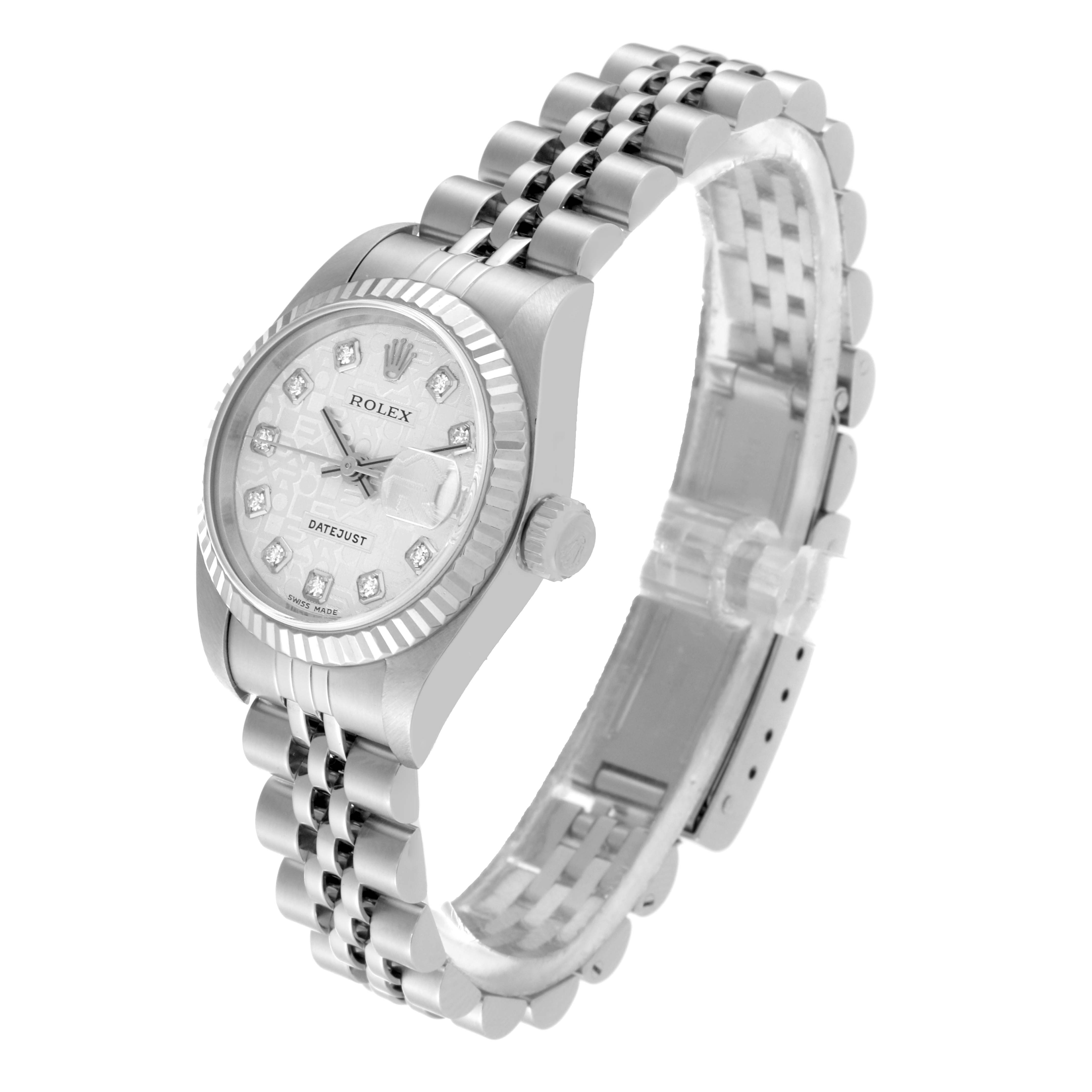 The image shows a Rolex Datejust 79174 Women's Stainless Steel Silver Dial 79174 Women's Stainless Steel Silver Dial watch at a slight angle, highlighting its bracelet, dial, and crown.
