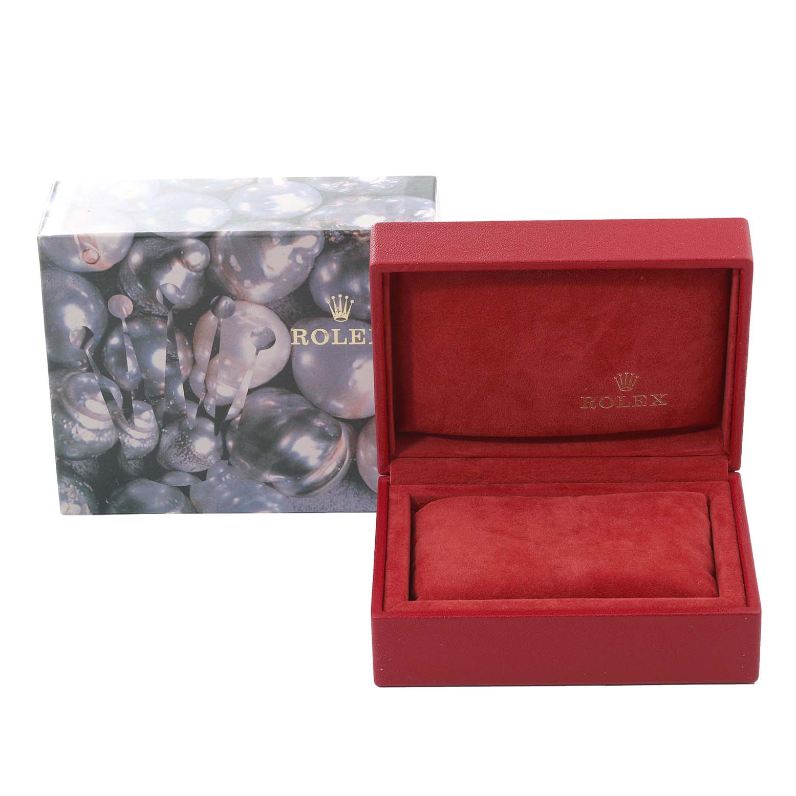 This image shows the packaging box and open display case for a Rolex Datejust 79174 Women's Stainless Steel Silver Dial 79174 Women's Stainless Steel Silver Dial model watch.