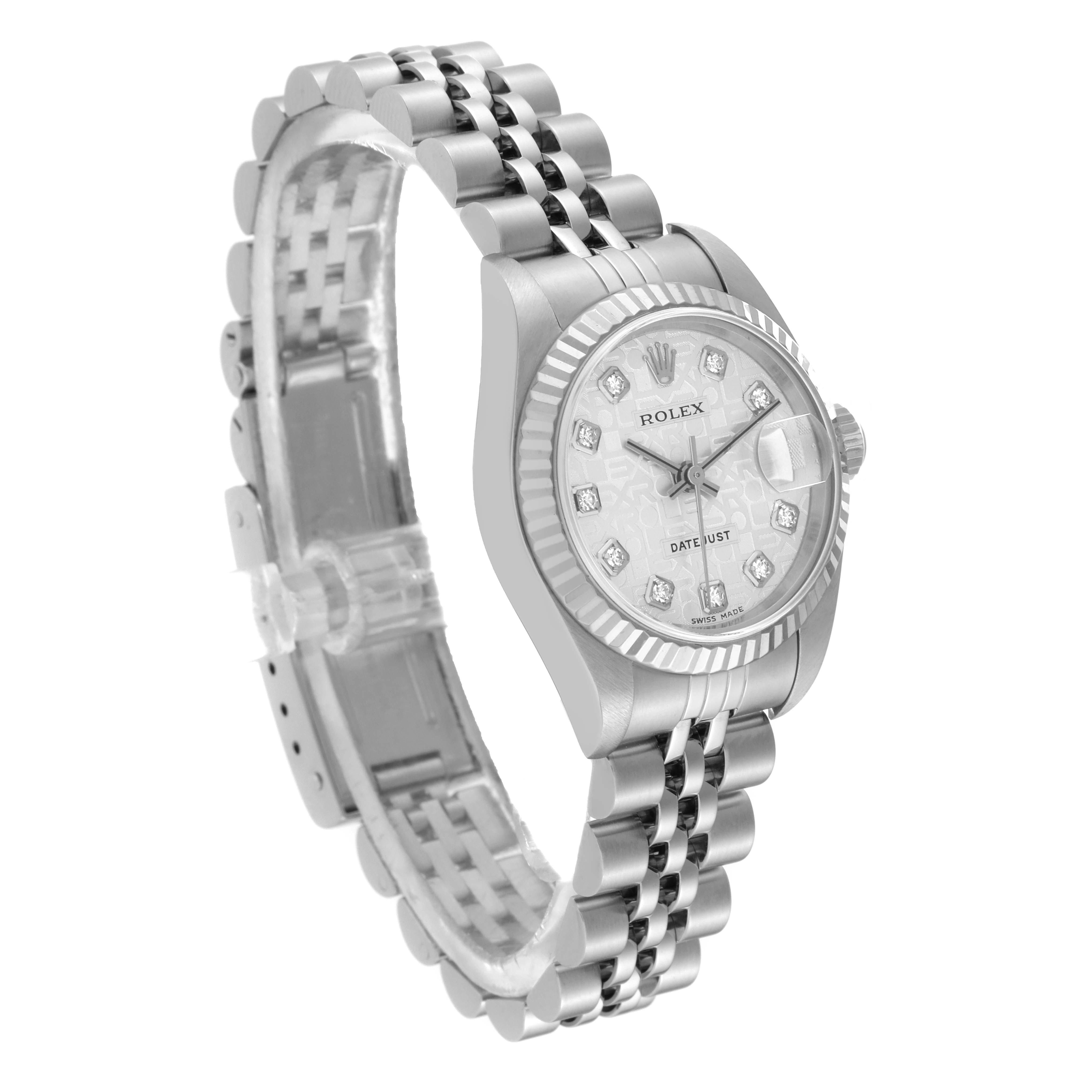 The Rolex Datejust 79174 Women's Stainless Steel Silver Dial 79174 Women's Stainless Steel Silver Dial watch is shown at a slight angle, displaying the face, bezel, crown, and bracelet.