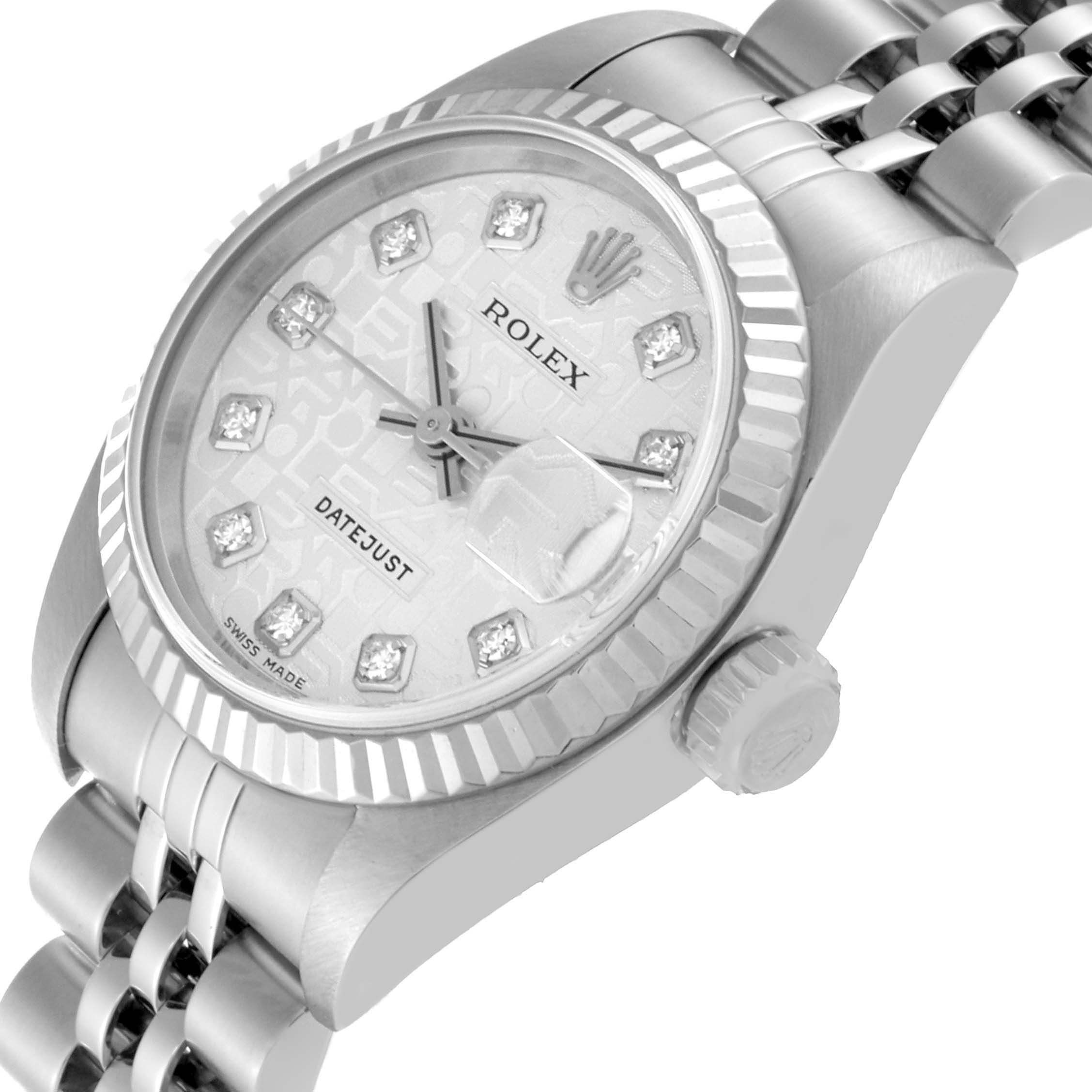 This image shows a Rolex Datejust 79174 Women's Stainless Steel Silver Dial 79174 Women's Stainless Steel Silver Dial watch at an angled view, highlighting the dial, bezel, crown, and bracelet.