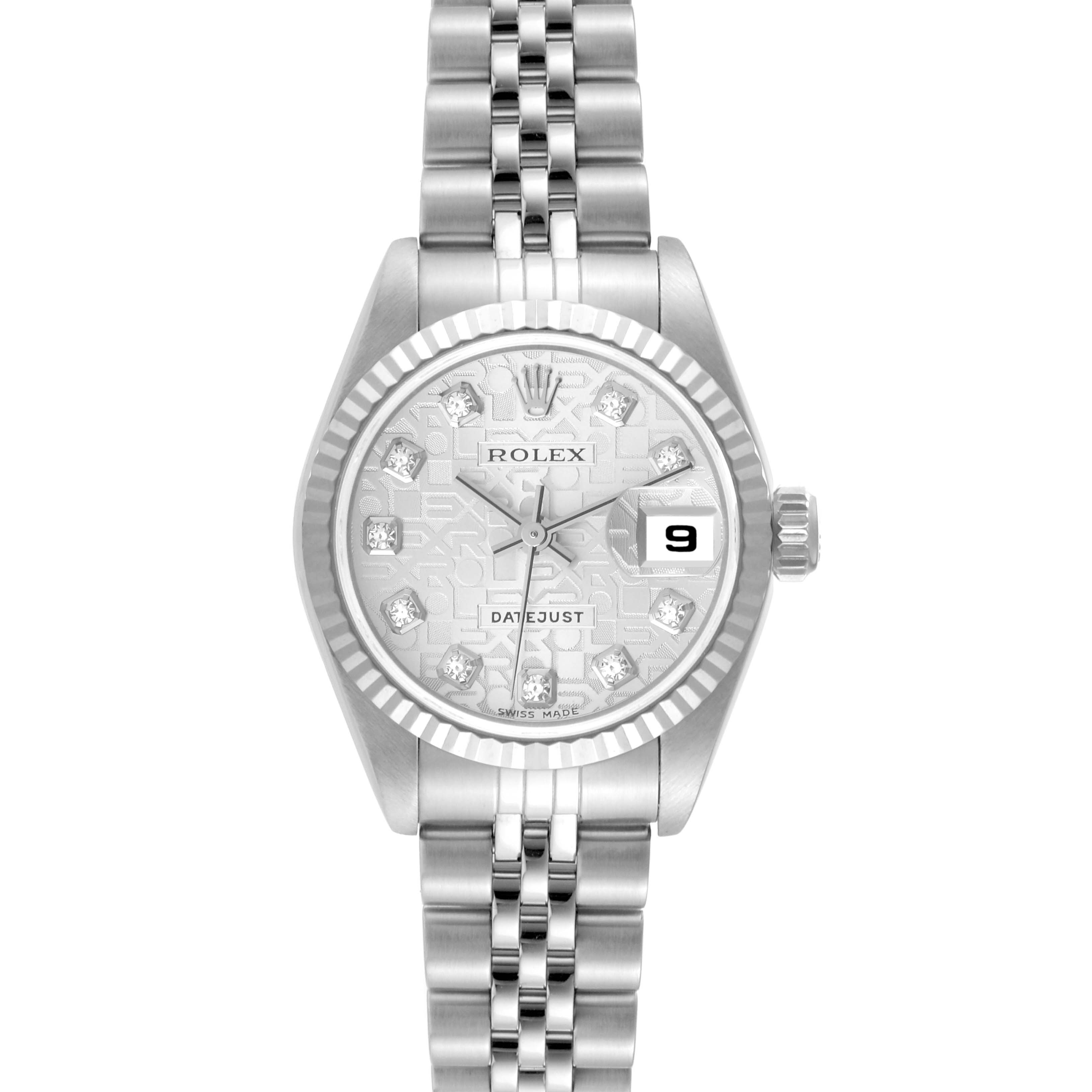 The image shows a frontal view of a Rolex Datejust 79174 Women's Stainless Steel Silver Dial 79174 Women's Stainless Steel Silver Dial watch featuring the dial, bezel, hands, bracelet, and the date window.