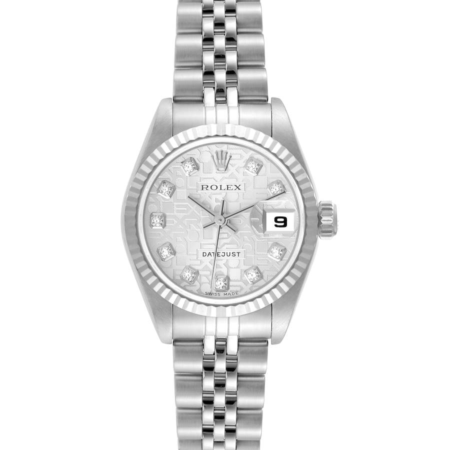 The image shows a frontal view of a Rolex Datejust 79174 Women's Stainless Steel Silver Dial 79174 Women's Stainless Steel Silver Dial watch featuring the dial, bezel, hands, bracelet, and the date window.