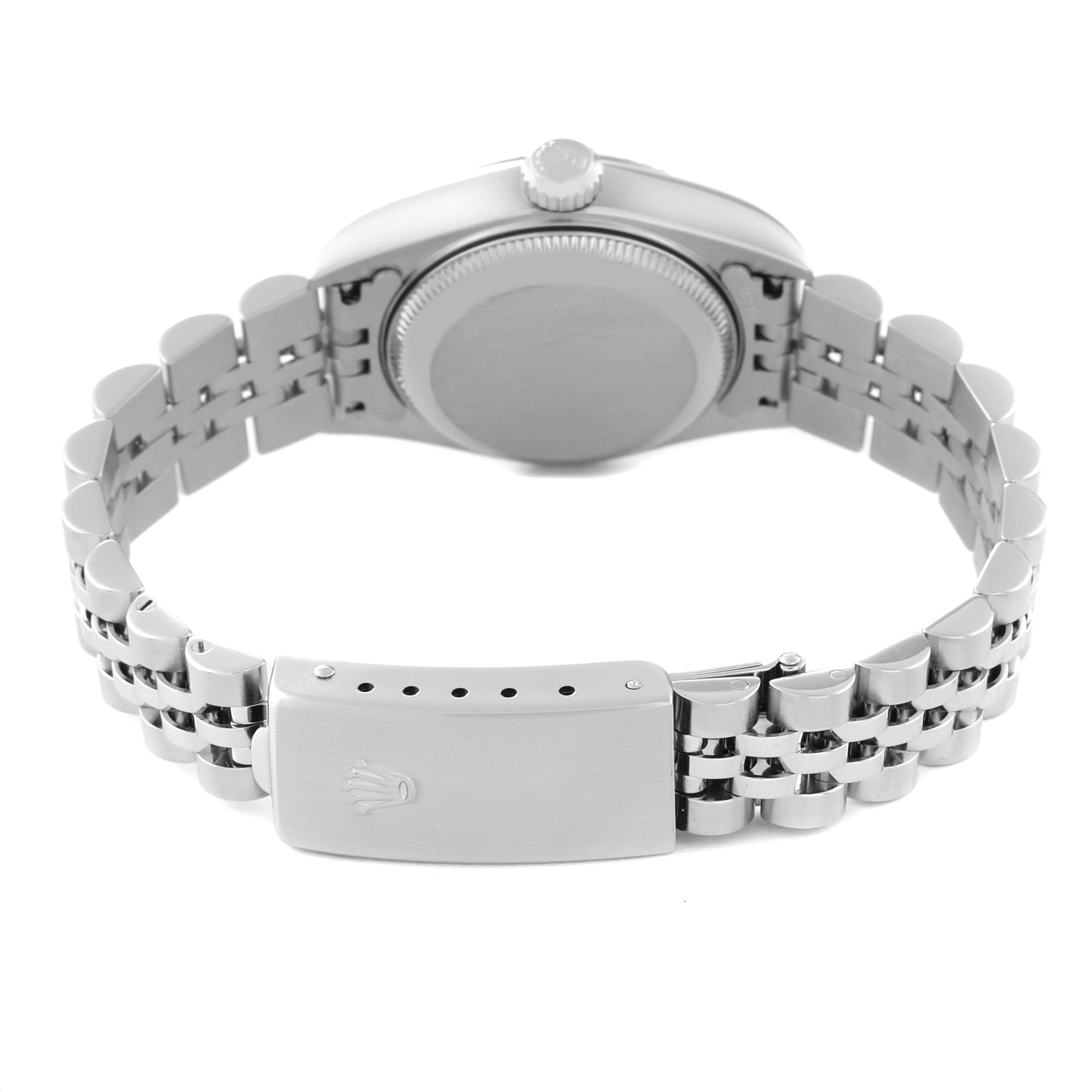 This image shows the back view of the Rolex Datejust 79174 Women's Stainless Steel Silver Dial 79174 Women's Stainless Steel Silver Dial watch, focusing on the caseback, crown, and deployment clasp of the bracelet.