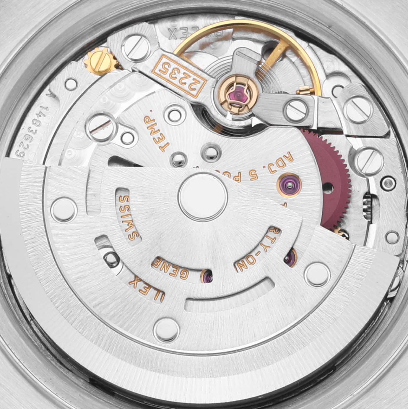 The image shows a close-up view of the movement inside the Rolex Datejust 79174 Women's Stainless Steel Silver Dial 79174 Women's Stainless Steel Silver Dial watch.