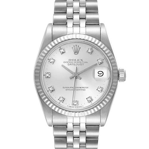 This image shows a front view of the Rolex Mid-Size 68274 Women's Stainless Steel Silver Dial 68274 Women's Stainless Steel Silver Dial Datejust watch, highlighting the silver dial, fluted bezel, and jubilee bracelet.