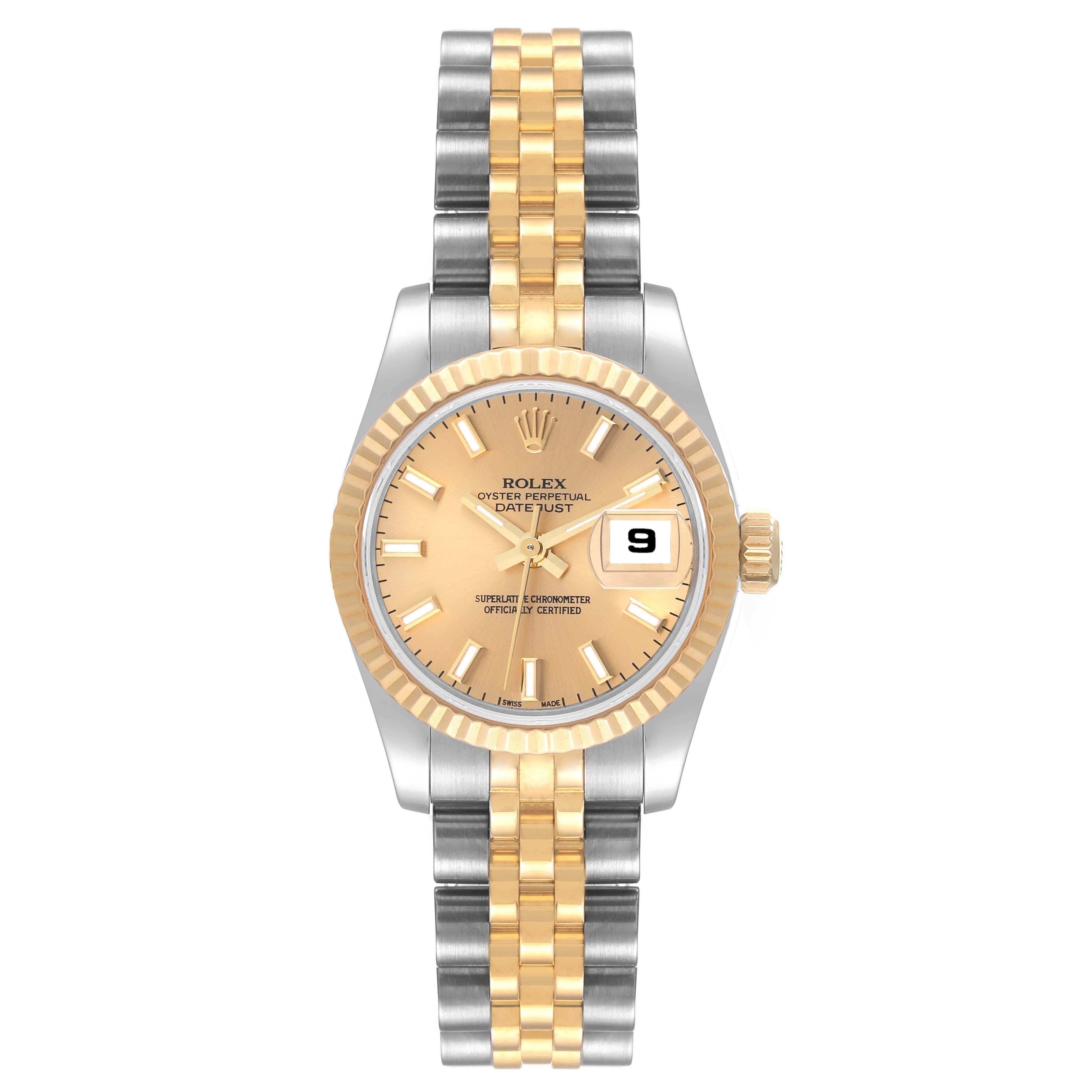 The Rolex Datejust 179173 Women's Steel and Gold (two tone) Champagne Dial 179173 Women's Steel and Gold (two tone) Champagne Dial watch is shown from the front, featuring a yellow gold and stainless steel jubilee bracelet, fluted bezel, and date display.