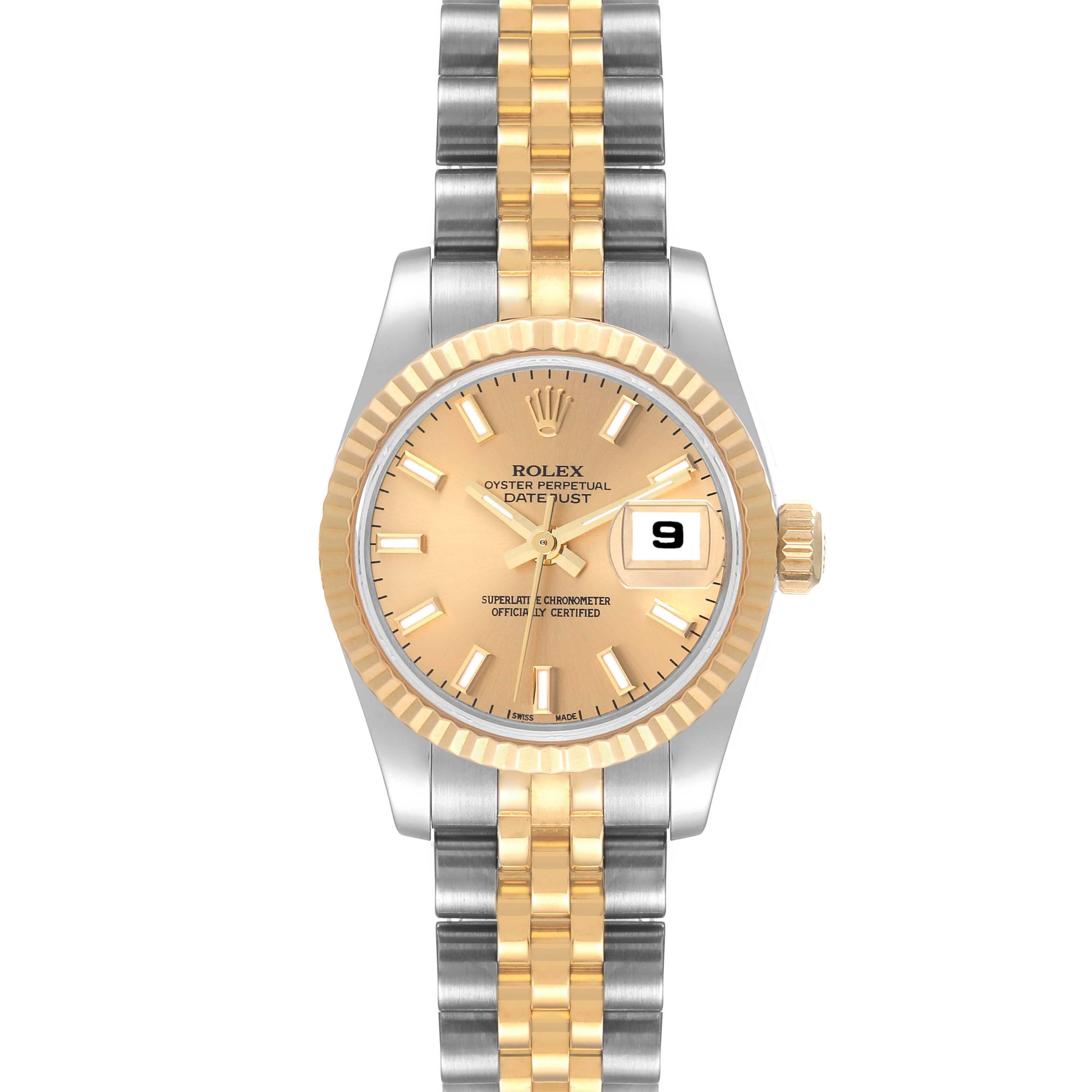 The image shows a front view of a Rolex Datejust 179173 Women's Steel and Gold (two tone) Champagne Dial 179173 Women's Steel and Gold (two tone) Champagne Dial watch, displaying the dial, bezel, crown, and part of the bracelet.