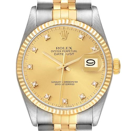 This image shows a Rolex Vintage Collection model number 16013 men's watch from a frontal angle, highlighting its gold and silver bracelet, dial, and date feature.