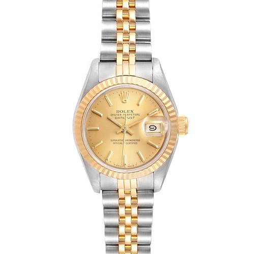 The image shows a frontal view of a Rolex Datejust 69173 Women's Steel and Gold (two tone) Champagne Dial 69173 Women's Steel and Gold (two tone) Champagne Dial watch, highlighting the dial, bezel, and bracelet in a two-tone design.