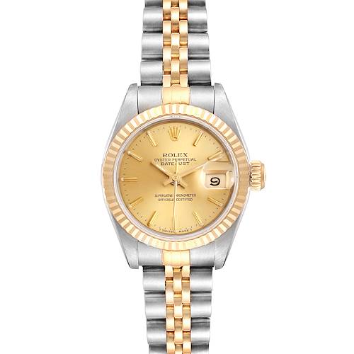 This image shows a front view of the Rolex Datejust 69173 Women's Steel and Gold (two tone) Champagne Dial 69173 Women's Steel and Gold (two tone) Champagne Dial watch, highlighting its gold-colored dial and two-tone bracelet.