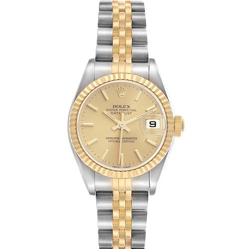 The Rolex Datejust model 79173 is shown from a front angle, displaying its face, fluted bezel, and two-tone Jubilee bracelet.