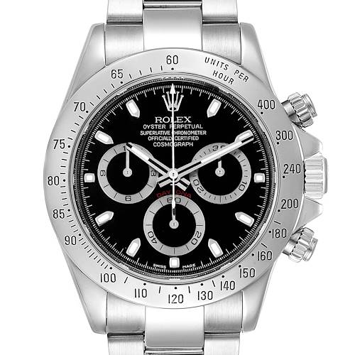 This image shows a front view of a Rolex Daytona 116520 Men's Stainless Steel Black Dial 116520 Men's Stainless Steel Black Dial watch, highlighting its dial, bezel, and chronograph subdials.