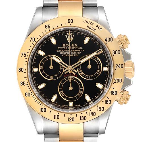 This image shows a front view of the Rolex Daytona 116523 Men's Steel and Gold (two tone) Black Dial 116523 Men's Steel and Gold (two tone) Black Dial watch, focusing on its dial and bezel.