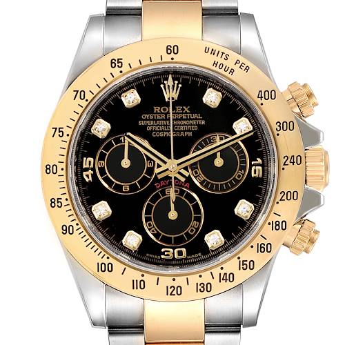 This image shows a front view of a Rolex Daytona 116523 Men's Steel and Gold (two tone) Black Dial 116523 Men's Steel and Gold (two tone) Black Dial watch, highlighting the dial, bezel, and chronograph subdials.