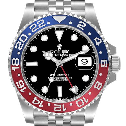 The Rolex GMT-Master II model 126710BLRO is shown from a front angle, displaying the dial, bezel, and bracelet clearly.