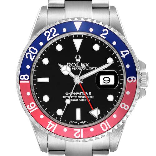The image shows a front view of the Rolex GMT-Master 16710 Men's Stainless Steel Black Dial 16710 Men's Stainless Steel Black Dial II watch, highlighting its bezel, dial, and bracelet.
