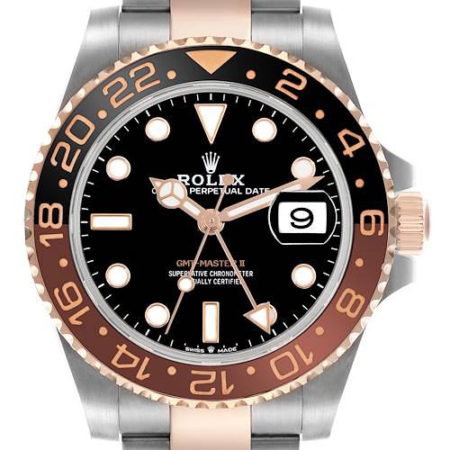 The Rolex GMT-Master model 126711 watch is shown from the front, highlighting its bezel, dial, hands, and date window.