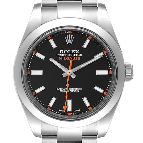 This image shows a front view of a Rolex Milgauss 116400 Men's Stainless Steel Black Dial 116400 Men's Stainless Steel Black Dial watch, displaying the dial, hands, hour markers, and part of the stainless steel bracelet.