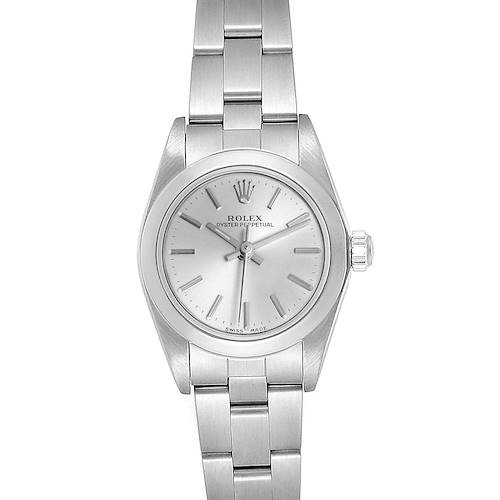 The image shows a front angle view of a Rolex Oyster Perpetual 76080 Women's Stainless Steel Silver Dial 76080 Women's Stainless Steel Silver Dial watch, highlighting the watch face, bezel, and bracelet.