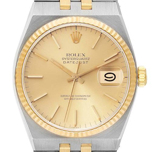 This image shows a front view of the watch face and part of the bracelet of the Rolex Oysterquartz 17013 Men's Steel and Gold (two tone) Champagne Dial 17013 Men's Steel and Gold (two tone) Champagne Dial Datejust model.
