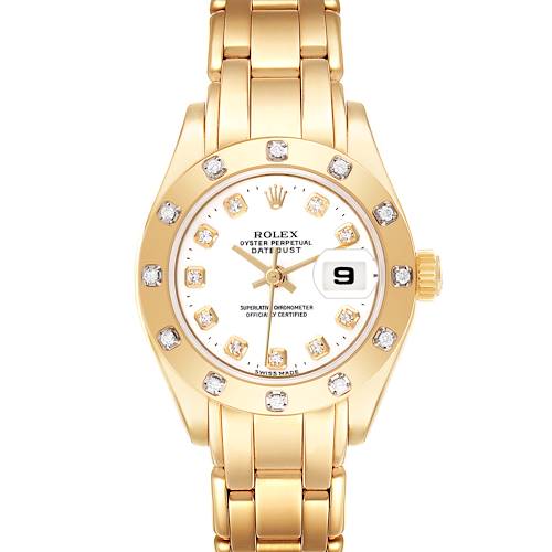 The Rolex Pearlmaster model 69318 is shown from a frontal angle, displaying the watch face, diamond-studded bezel, and part of the bracelet.