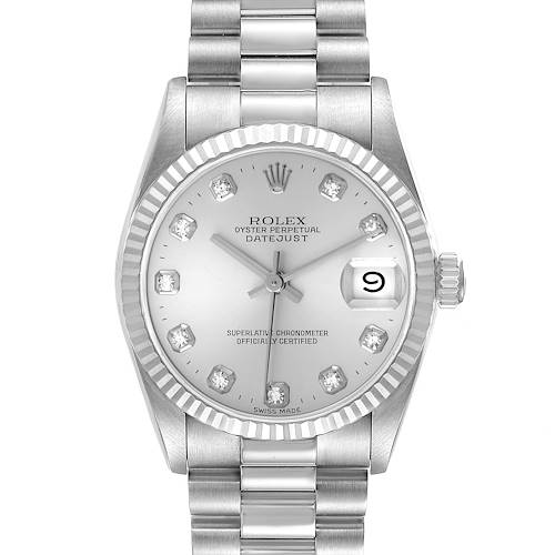 The image shows a frontal view of the Rolex President 68279 Women's White Gold Silver Dial 68279 Women's White Gold Silver Dial Datejust watch, highlighting its dial, bezel, and bracelet.