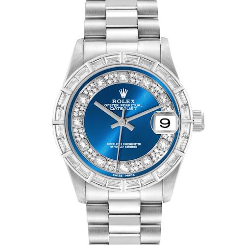 The image shows the Rolex President 78266 Women's Platinum Blue Dial 78266 Women's Platinum Blue Dial model watch face and band prominently from the front.