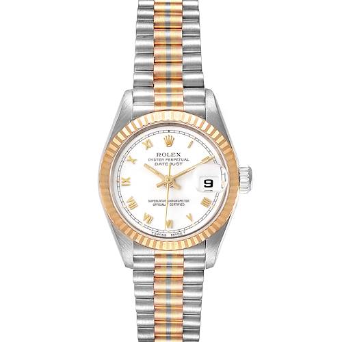 The image shows a Rolex President 69179 Women's White Gold White Dial 69179 Women's White Gold White Dial model watch with a bi-metal bracelet, fluted bezel, white dial, and date display.