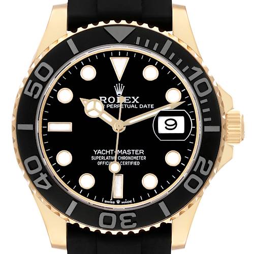 The image shows a front view of a Rolex Yacht-Master model 226658 men's watch, highlighting its black dial, gold hands, date window, and black bezel.